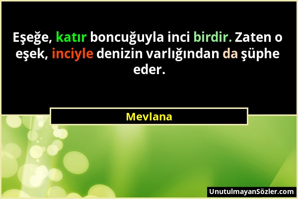 Mevlana - Eşeğe, katır boncuğuyla inci birdir. Zaten o eşek, inciyle denizin varlığından da şüphe eder....