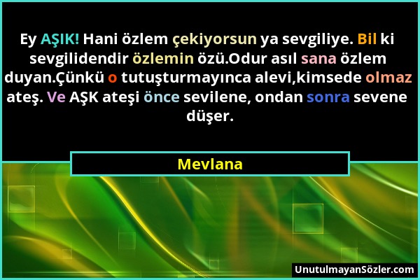 Mevlana - Ey AŞIK! Hani özlem çekiyorsun ya sevgiliye. Bil ki sevgilidendir özlemin özü.Odur asıl sana özlem duyan.Çünkü o tutuşturmayınca alevi,kimse...