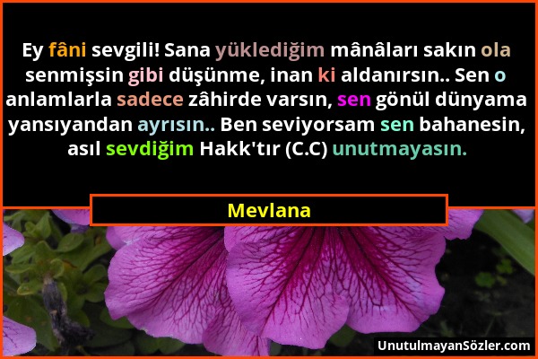 Mevlana - Ey fâni sevgili! Sana yüklediğim mânâları sakın ola senmişsin gibi düşünme, inan ki aldanırsın.. Sen o anlamlarla sadece zâhirde varsın, sen...
