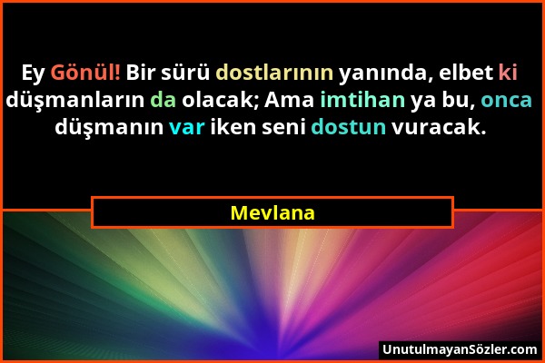 Mevlana - Ey Gönül! Bir sürü dostlarının yanında, elbet ki düşmanların da olacak; Ama imtihan ya bu, onca düşmanın var iken seni dostun vuracak....