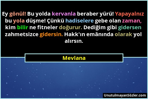 Mevlana - Ey gönül! Bu yolda kervanla beraber yürü! Yapayalnız bu yola düşme! Çünkü hadiselere gebe olan zaman, kim bilir ne fitneler doğurur. Dediğim...