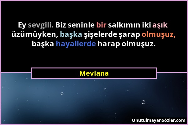 Mevlana - Ey sevgili. Biz seninle bir salkımın iki aşık üzümüyken, başka şişelerde şarap olmuşuz, başka hayallerde harap olmuşuz....