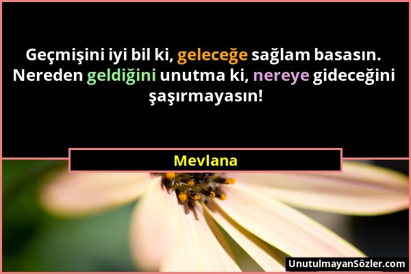 Mevlana - Geçmişini iyi bil ki, geleceğe sağlam basasın. Nereden geldiğini unutma ki, nereye gideceğini şaşırmayasın!...