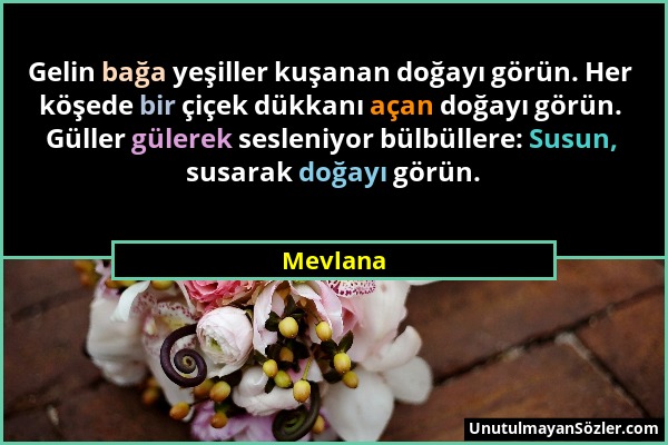 Mevlana - Gelin bağa yeşiller kuşanan doğayı görün. Her köşede bir çiçek dükkanı açan doğayı görün. Güller gülerek sesleniyor bülbüllere: Susun, susar...