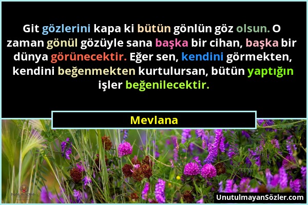 Mevlana - Git gözlerini kapa ki bütün gönlün göz olsun. O zaman gönül gözüyle sana başka bir cihan, başka bir dünya görünecektir. Eğer sen, kendini gö...
