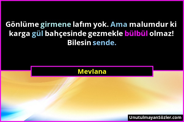 Mevlana - Gönlüme girmene lafım yok. Ama malumdur ki karga gül bahçesinde gezmekle bülbül olmaz! Bilesin sende....