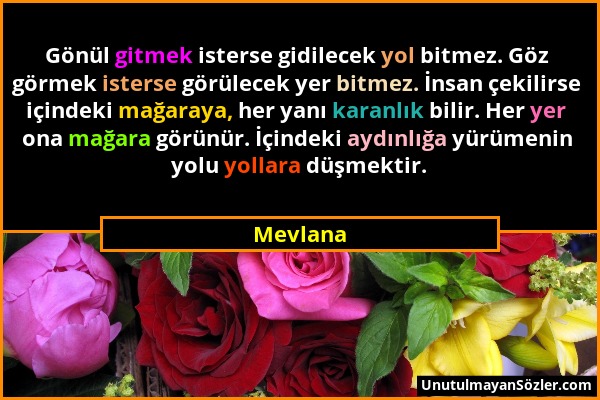 Mevlana - Gönül gitmek isterse gidilecek yol bitmez. Göz görmek isterse görülecek yer bitmez. İnsan çekilirse içindeki mağaraya, her yanı karanlık bil...