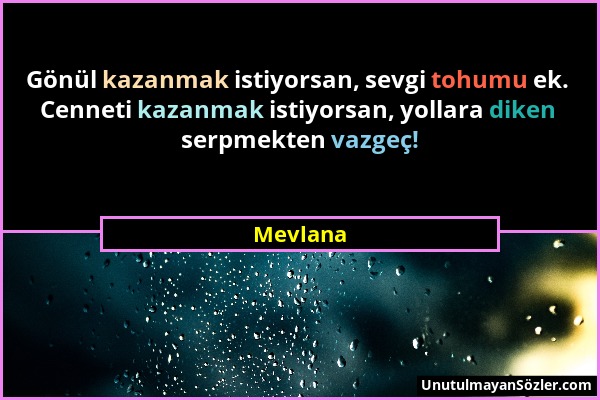 Mevlana - Gönül kazanmak istiyorsan, sevgi tohumu ek. Cenneti kazanmak istiyorsan, yollara diken serpmekten vazgeç!...