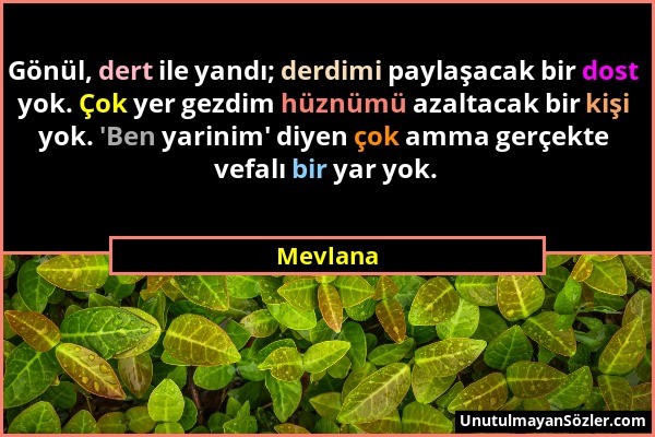 Mevlana - Gönül, dert ile yandı; derdimi paylaşacak bir dost yok. Çok yer gezdim hüznümü azaltacak bir kişi yok. 'Ben yarinim' diyen çok amma gerçekte...
