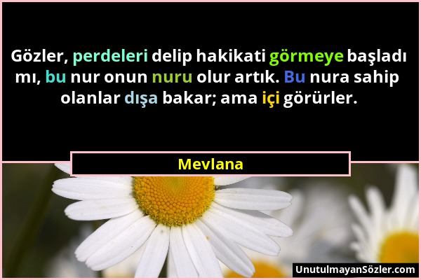 Mevlana - Gözler, perdeleri delip hakikati görmeye başladı mı, bu nur onun nuru olur artık. Bu nura sahip olanlar dışa bakar; ama içi görürler....