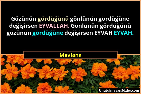 Mevlana - Gözünün gördüğünü gönlünün gördüğüne değişirsen EYVALLAH. Gönlünün gördüğünü gözünün gördüğüne değişirsen EYVAH EYVAH....