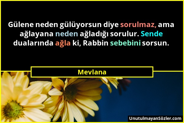Mevlana - Gülene neden gülüyorsun diye sorulmaz, ama ağlayana neden ağladığı sorulur. Sende dualarında ağla ki, Rabbin sebebini sorsun....