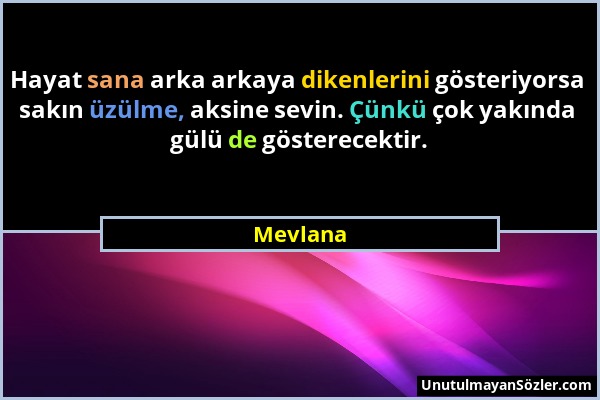 Mevlana - Hayat sana arka arkaya dikenlerini gösteriyorsa sakın üzülme, aksine sevin. Çünkü çok yakında gülü de gösterecektir....