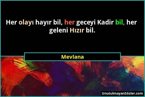 Mevlana - Her olayı hayır bil, her geceyi Kadir bil, her geleni Hızır bil....