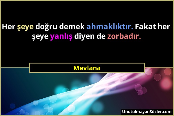 Mevlana - Her şeye doğru demek ahmaklıktır. Fakat her şeye yanlış diyen de zorbadır....