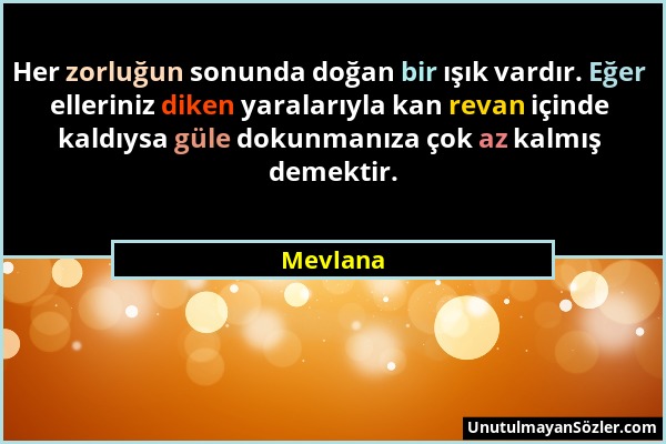 Mevlana - Her zorluğun sonunda doğan bir ışık vardır. Eğer elleriniz diken yaralarıyla kan revan içinde kaldıysa güle dokunmanıza çok az kalmış demekt...