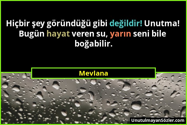 Mevlana - Hiçbir şey göründüğü gibi değildir! Unutma! Bugün hayat veren su, yarın seni bile boğabilir....