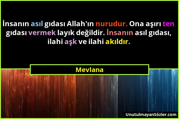 Mevlana - İnsanın asıl gıdası Allah'ın nurudur. Ona aşırı ten gıdası vermek layık değildir. İnsanın asıl gıdası, ilahi aşk ve ilahi akıldır....
