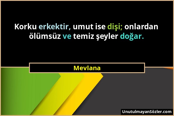 Mevlana - Korku erkektir, umut ise dişi; onlardan ölümsüz ve temiz şeyler doğar....