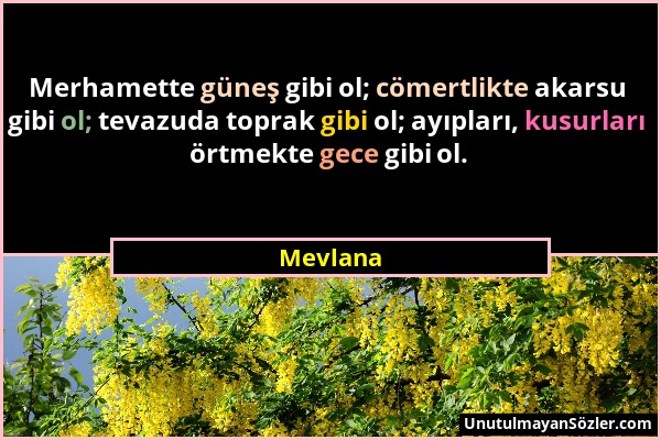 Mevlana - Merhamette güneş gibi ol; cömertlikte akarsu gibi ol; tevazuda toprak gibi ol; ayıpları, kusurları örtmekte gece gibi ol....