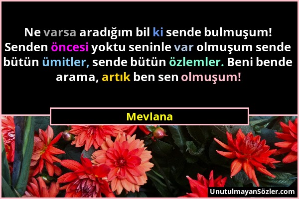 Mevlana - Ne varsa aradığım bil ki sende bulmuşum! Senden öncesi yoktu seninle var olmuşum sende bütün ümitler, sende bütün özlemler. Beni bende arama...
