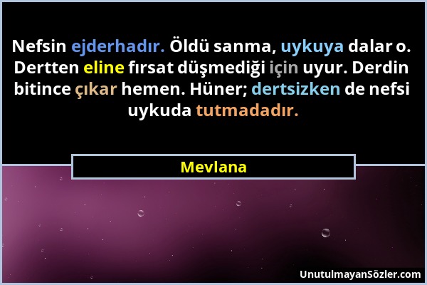 Mevlana - Nefsin ejderhadır. Öldü sanma, uykuya dalar o. Dertten eline fırsat düşmediği için uyur. Derdin bitince çıkar hemen. Hüner; dertsizken de ne...