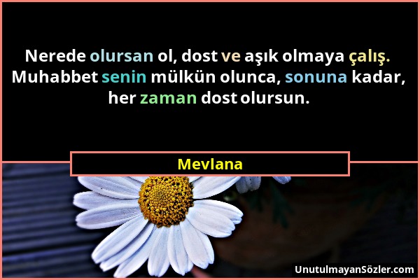 Mevlana - Nerede olursan ol, dost ve aşık olmaya çalış. Muhabbet senin mülkün olunca, sonuna kadar, her zaman dost olursun....