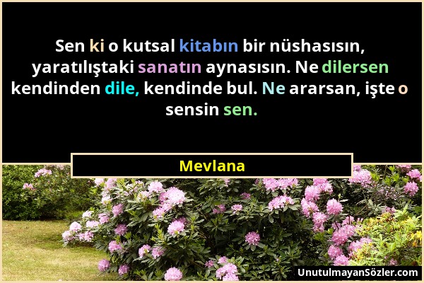 Mevlana - Sen ki o kutsal kitabın bir nüshasısın, yaratılıştaki sanatın aynasısın. Ne dilersen kendinden dile, kendinde bul. Ne ararsan, işte o sensin...