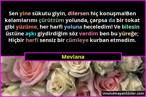 Mevlana - Sen yine sükutu giyin, dilersen hiç konuşma!Ben kelamlarımı çürüttüm yolunda, çarpsa da bir tokat gibi yüzüme, her harfi yoluna heceledim! V...