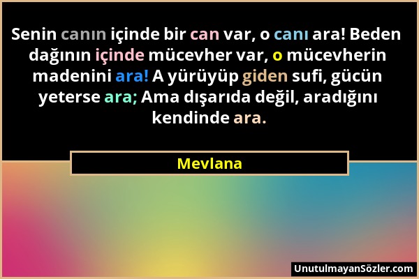 Mevlana - Senin canın içinde bir can var, o canı ara! Beden dağının içinde mücevher var, o mücevherin madenini ara! A yürüyüp giden sufi, gücün yeters...