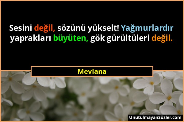 Mevlana - Sesini değil, sözünü yükselt! Yağmurlardır yaprakları büyüten, gök gürültüleri değil....