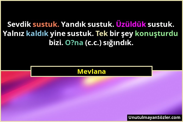 Mevlana - Sevdik sustuk. Yandık sustuk. Üzüldük sustuk. Yalnız kaldık yine sustuk. Tek bir şey konuşturdu bizi. O?na (c.c.) sığındık....