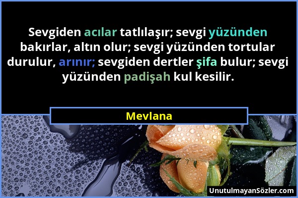 Mevlana - Sevgiden acılar tatlılaşır; sevgi yüzünden bakırlar, altın olur; sevgi yüzünden tortular durulur, arınır; sevgiden dertler şifa bulur; sevgi...