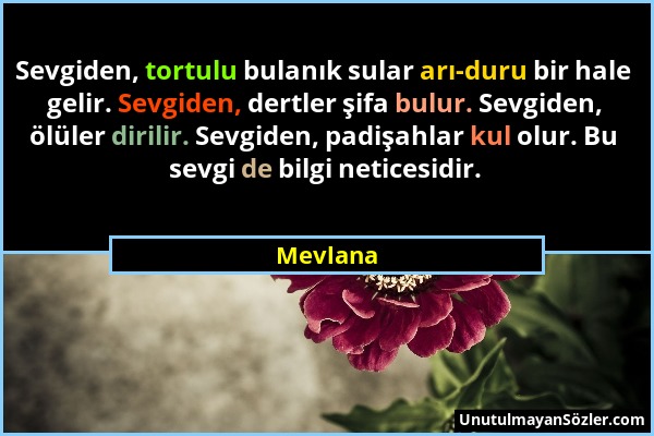 Mevlana - Sevgiden, tortulu bulanık sular arı-duru bir hale gelir. Sevgiden, dertler şifa bulur. Sevgiden, ölüler dirilir. Sevgiden, padişahlar kul ol...