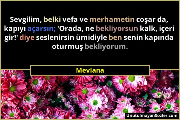 Mevlana - Sevgilim, belki vefa ve merhametin coşar da, kapıyı açarsın; 'Orada, ne bekliyorsun kalk, içeri gir!' diye seslenirsin ümidiyle ben senin ka...