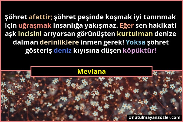 Mevlana - Şöhret afettir; şöhret peşinde koşmak iyi tanınmak için uğraşmak insanlığa yakışmaz. Eğer sen hakikati aşk incisini arıyorsan görünüşten kur...