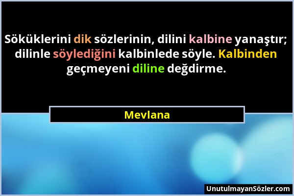 Mevlana - Söküklerini dik sözlerinin, dilini kalbine yanaştır; dilinle söylediğini kalbinlede söyle. Kalbinden geçmeyeni diline değdirme....