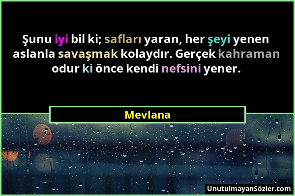 Mevlana - Şunu iyi bil ki; safları yaran, her şeyi yenen aslanla savaşmak kolaydır. Gerçek kahraman odur ki önce kendi nefsini yener....
