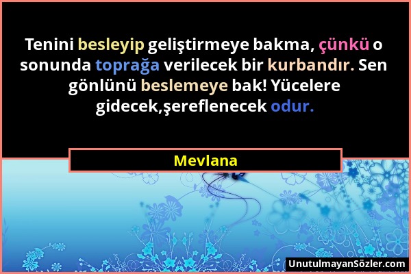 Mevlana - Tenini besleyip geliştirmeye bakma, çünkü o sonunda toprağa verilecek bir kurbandır. Sen gönlünü beslemeye bak! Yücelere gidecek,şereflenece...