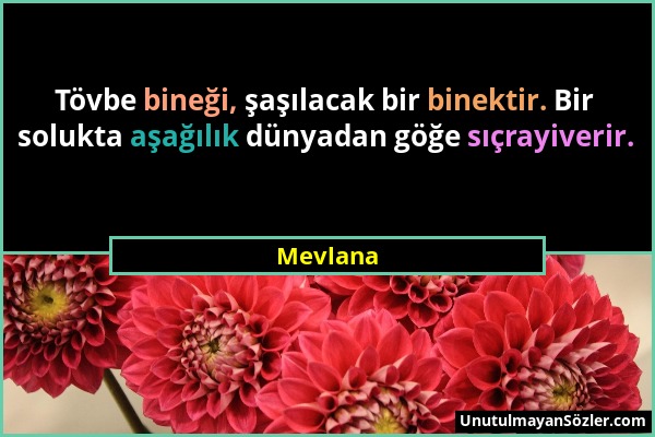 Mevlana - Tövbe bineği, şaşılacak bir binektir. Bir solukta aşağılık dünyadan göğe sıçrayiverir....