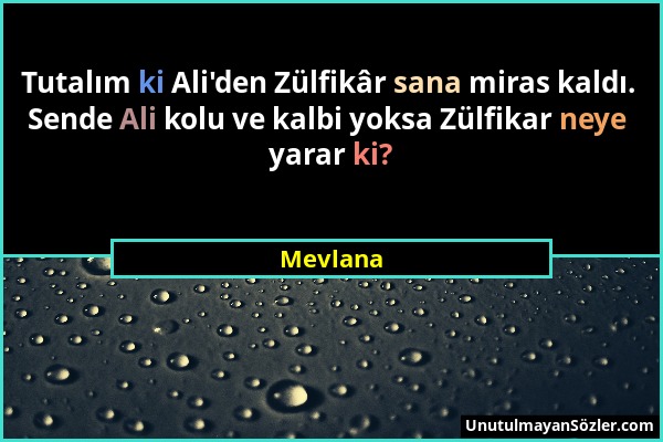 Mevlana - Tutalım ki Ali'den Zülfikâr sana miras kaldı. Sende Ali kolu ve kalbi yoksa Zülfikar neye yarar ki?...