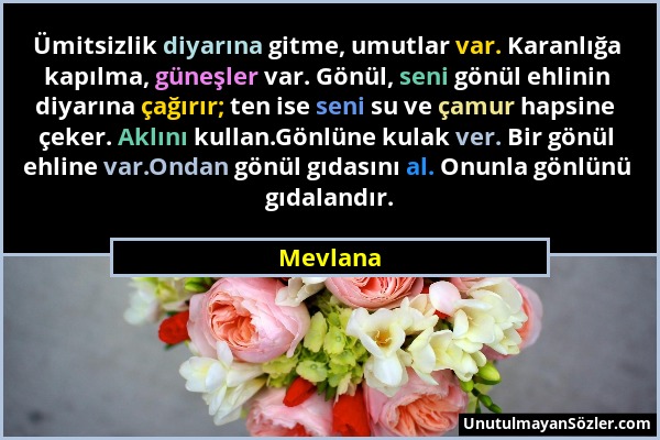 Mevlana - Ümitsizlik diyarına gitme, umutlar var. Karanlığa kapılma, güneşler var. Gönül, seni gönül ehlinin diyarına çağırır; ten ise seni su ve çamu...