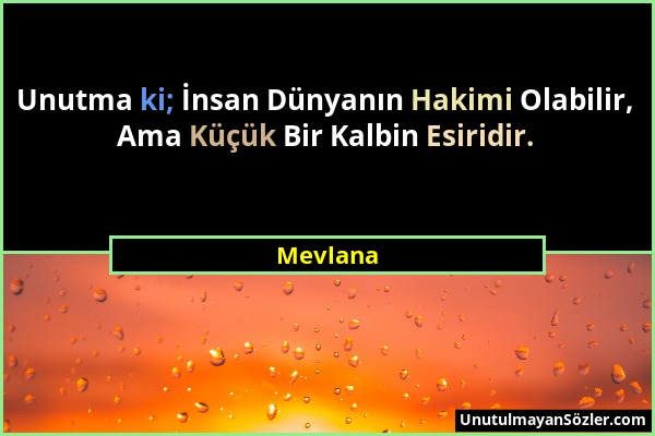 Mevlana - Unutma ki; İnsan Dünyanın Hakimi Olabilir, Ama Küçük Bir Kalbin Esiridir....