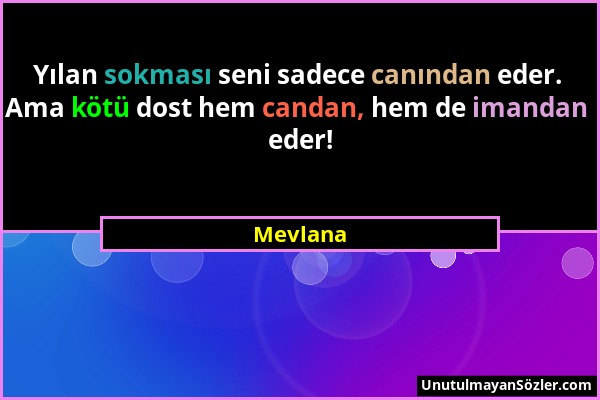 Mevlana - Yılan sokması seni sadece canından eder. Ama kötü dost hem candan, hem de imandan eder!...