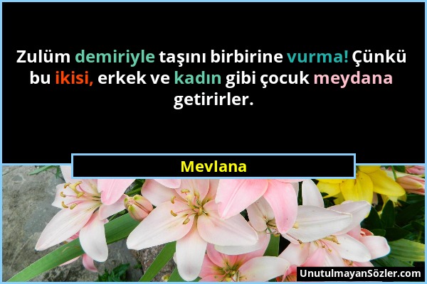 Mevlana - Zulüm demiriyle taşını birbirine vurma! Çünkü bu ikisi, erkek ve kadın gibi çocuk meydana getirirler....