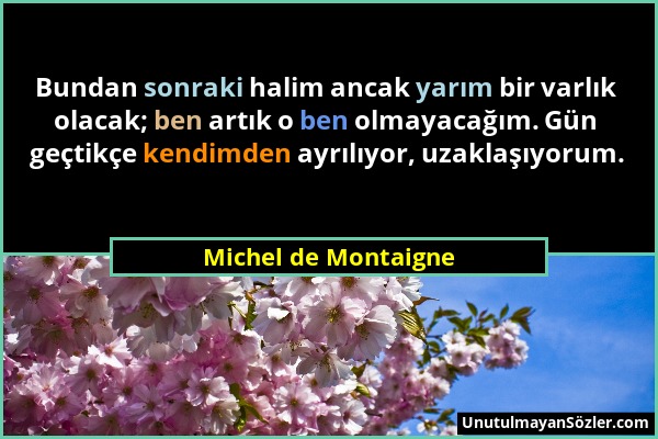 Michel de Montaigne - Bundan sonraki halim ancak yarım bir varlık olacak; ben artık o ben olmayacağım. Gün geçtikçe kendimden ayrılıyor, uzaklaşıyorum...