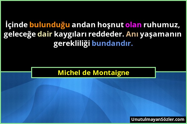 Michel de Montaigne - İçinde bulunduğu andan hoşnut olan ruhumuz, geleceğe dair kaygıları reddeder. Anı yaşamanın gerekliliği bundandır....