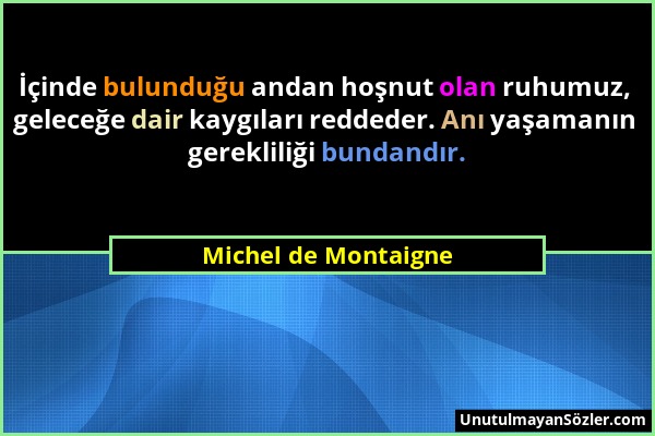 Michel de Montaigne - İçinde bulunduğu andan hoşnut olan ruhumuz, geleceğe dair kaygıları reddeder. Anı yaşamanın gerekliliği bundandır....