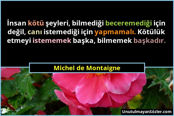Michel de Montaigne - İnsan kötü şeyleri, bilmediği beceremediği için değil, canı istemediği için yapmamalı. Kötülük etmeyi istememek başka, bilmemek...