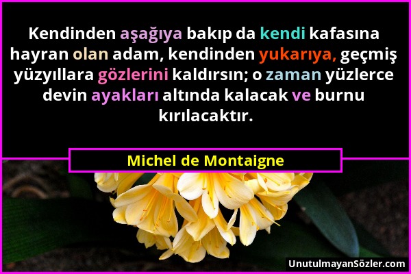 Michel de Montaigne - Kendinden aşağıya bakıp da kendi kafasına hayran olan adam, kendinden yukarıya, geçmiş yüzyıllara gözlerini kaldırsın; o zaman y...